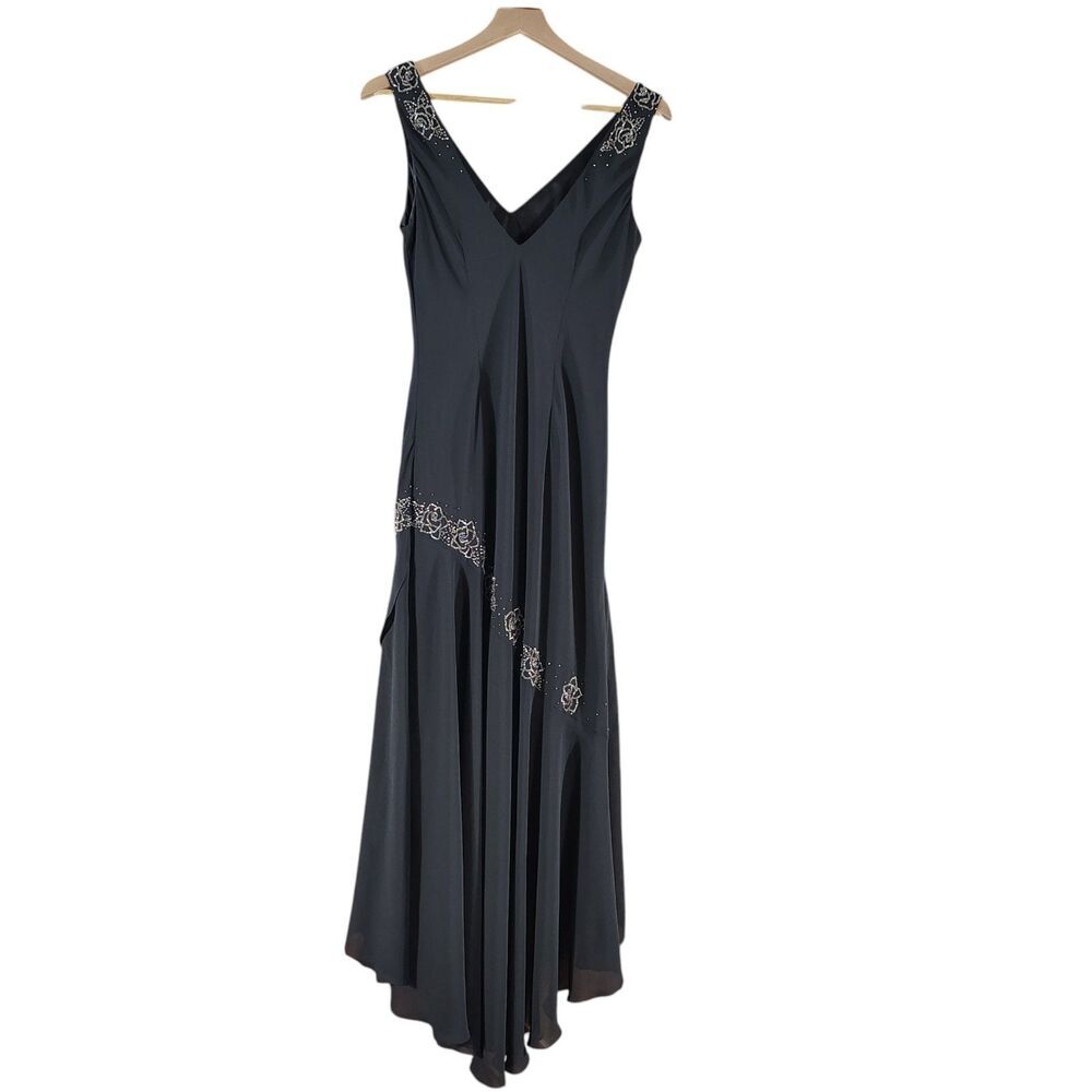 Black Beaded Evening Gown Size 10 Asymmetrical Hem Formal Prom Romantic - Picture 7 of 11
